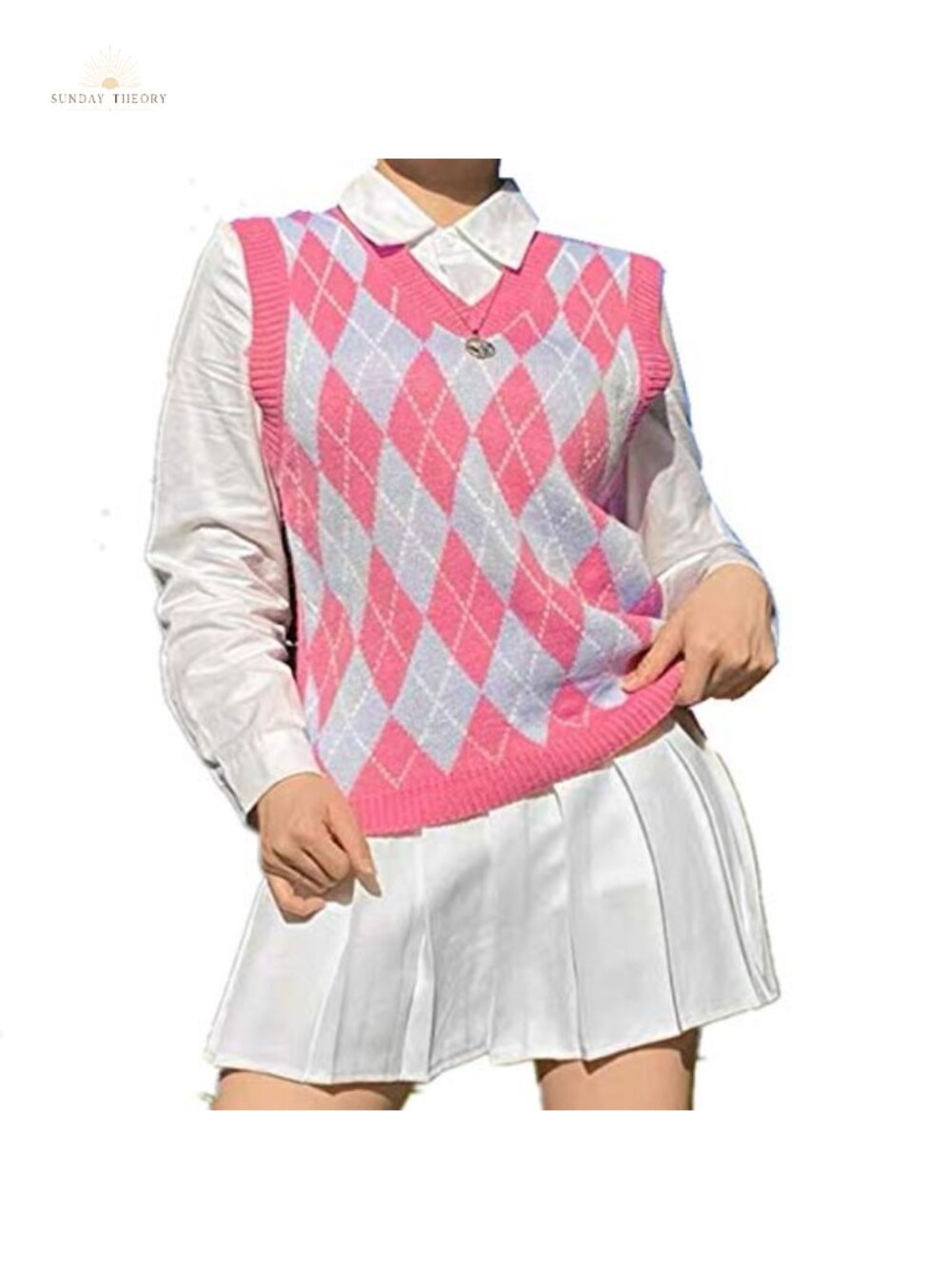 Sweater Vest Sleeveless V Neck Argyle Plaid Long Loose Knitted Preppy
